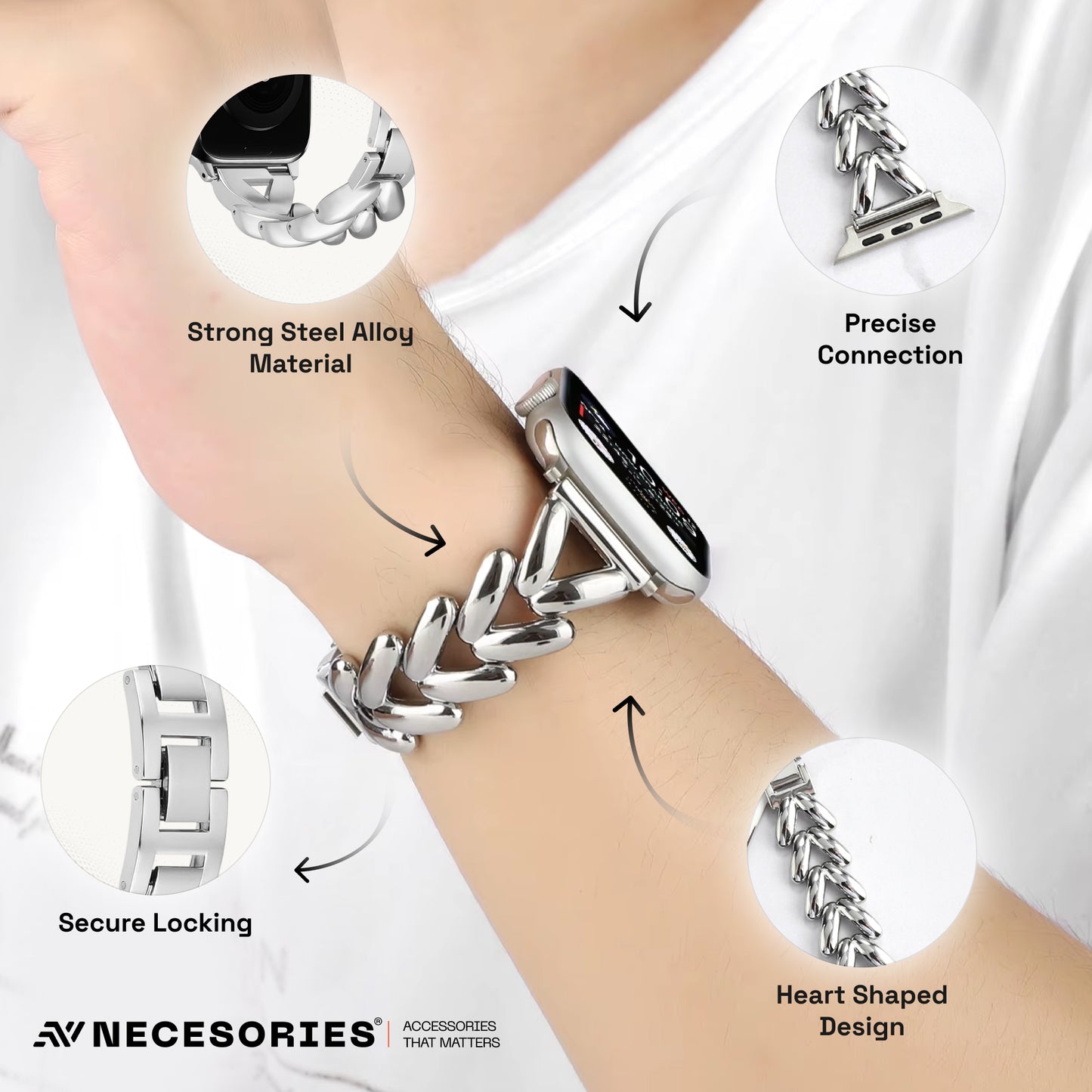 Necesories Alloy Strap , Stylish Elegance ,Bling Heart Shaped Link iWatch Band for Women