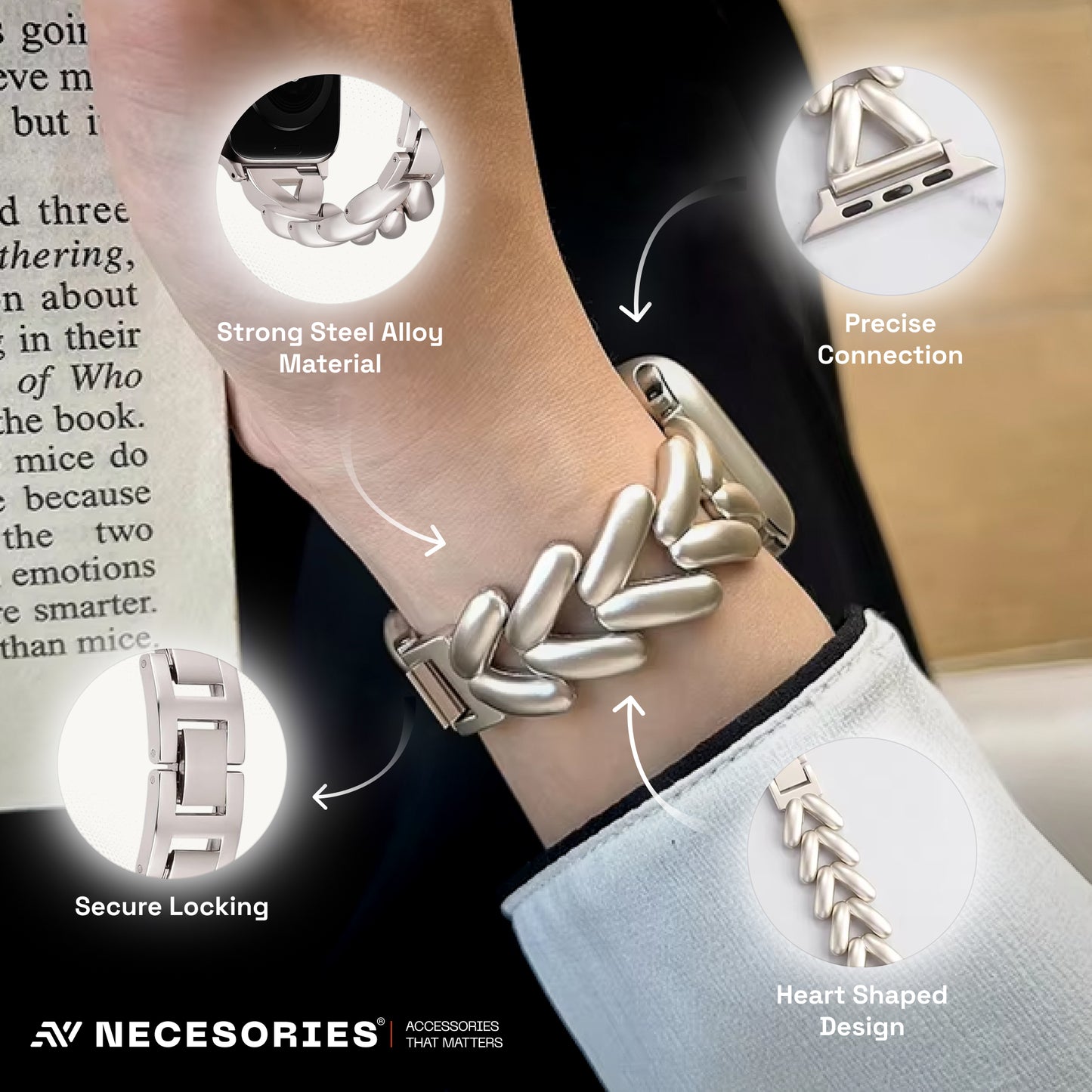 Necesories Alloy Strap , Stylish Elegance ,Bling Heart Shaped Link iWatch Band for Women