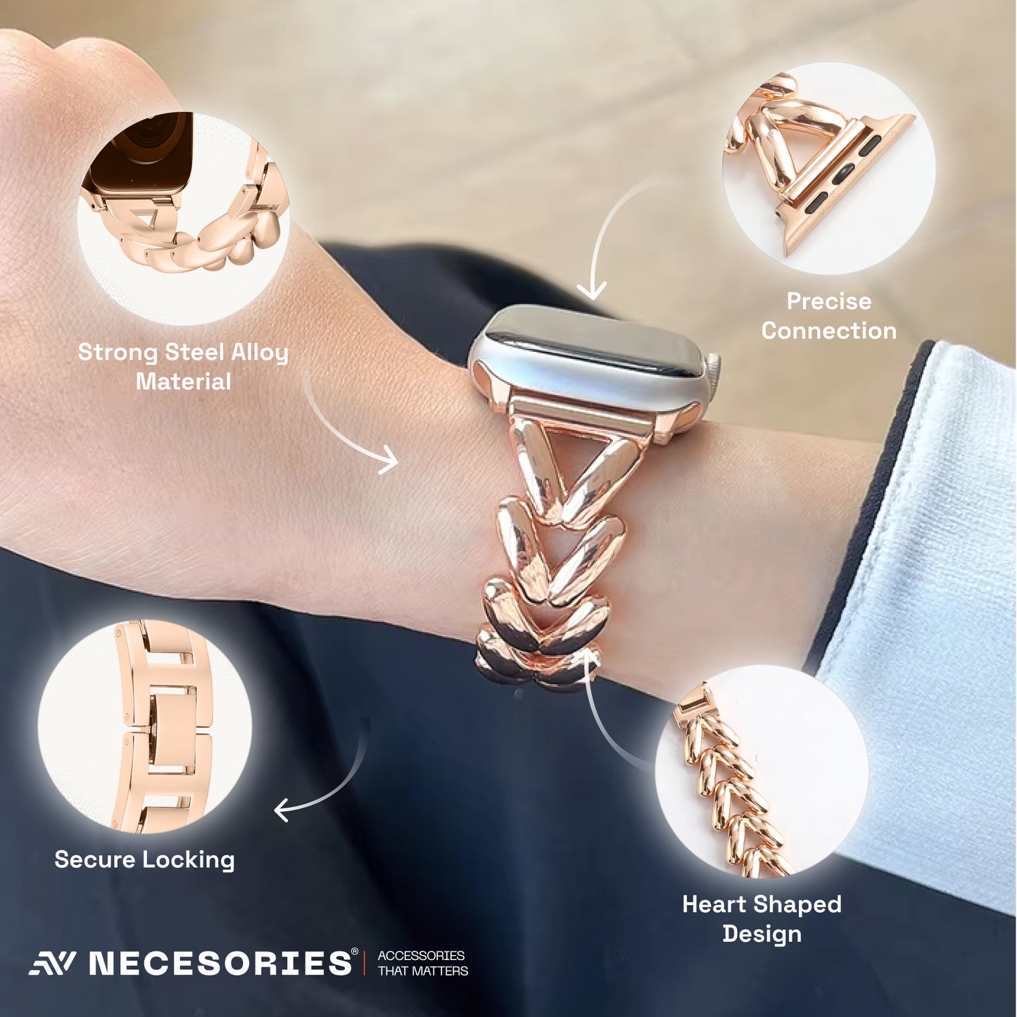 Necesories Alloy Strap , Stylish Elegance ,Bling Heart Shaped Link iWatch Band for Women
