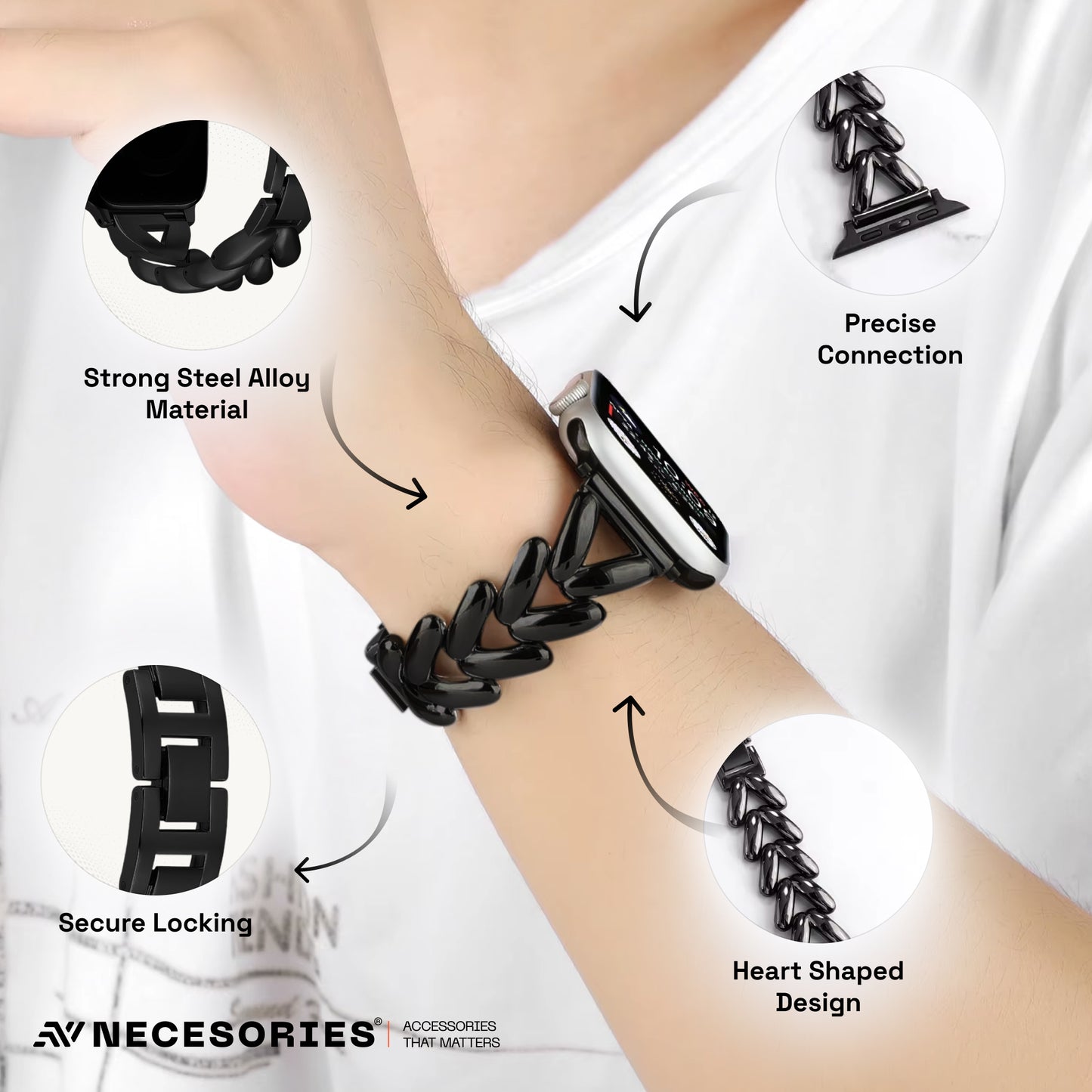 Necesories Alloy Strap , Stylish Elegance ,Bling Heart Shaped Link iWatch Band for Women