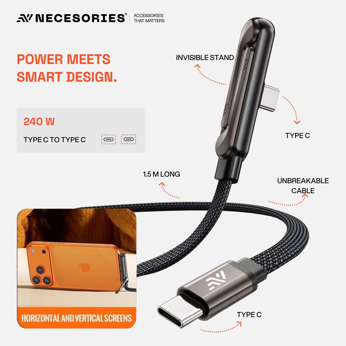 240W USB-C Cable with Built-in Phone Stand